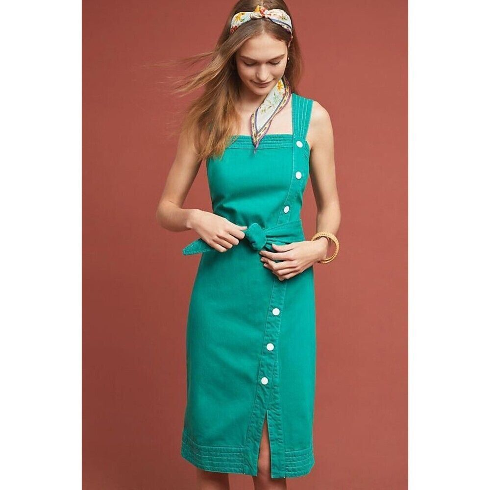 Green Anthropologie Button Tie-Waist Square-Neck Sleeveless Midi Dress (NWT)
